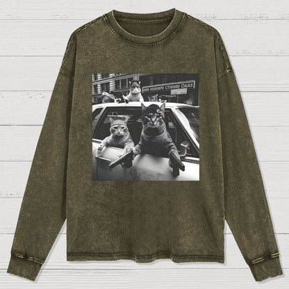 Funny Cat Gang Vintage Washed Long Sleeve Tee