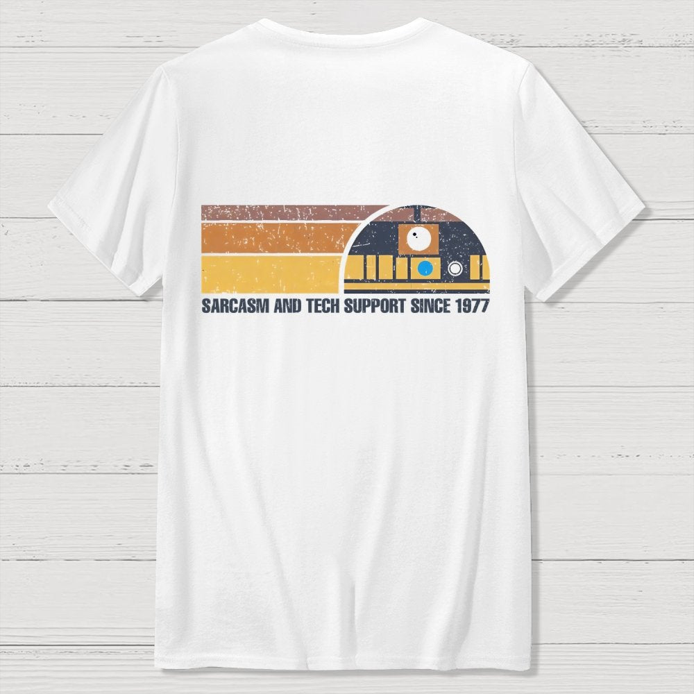 Providing Sarcasm and Tech Support Since 1977  Back Printing Geek T-Shirt
