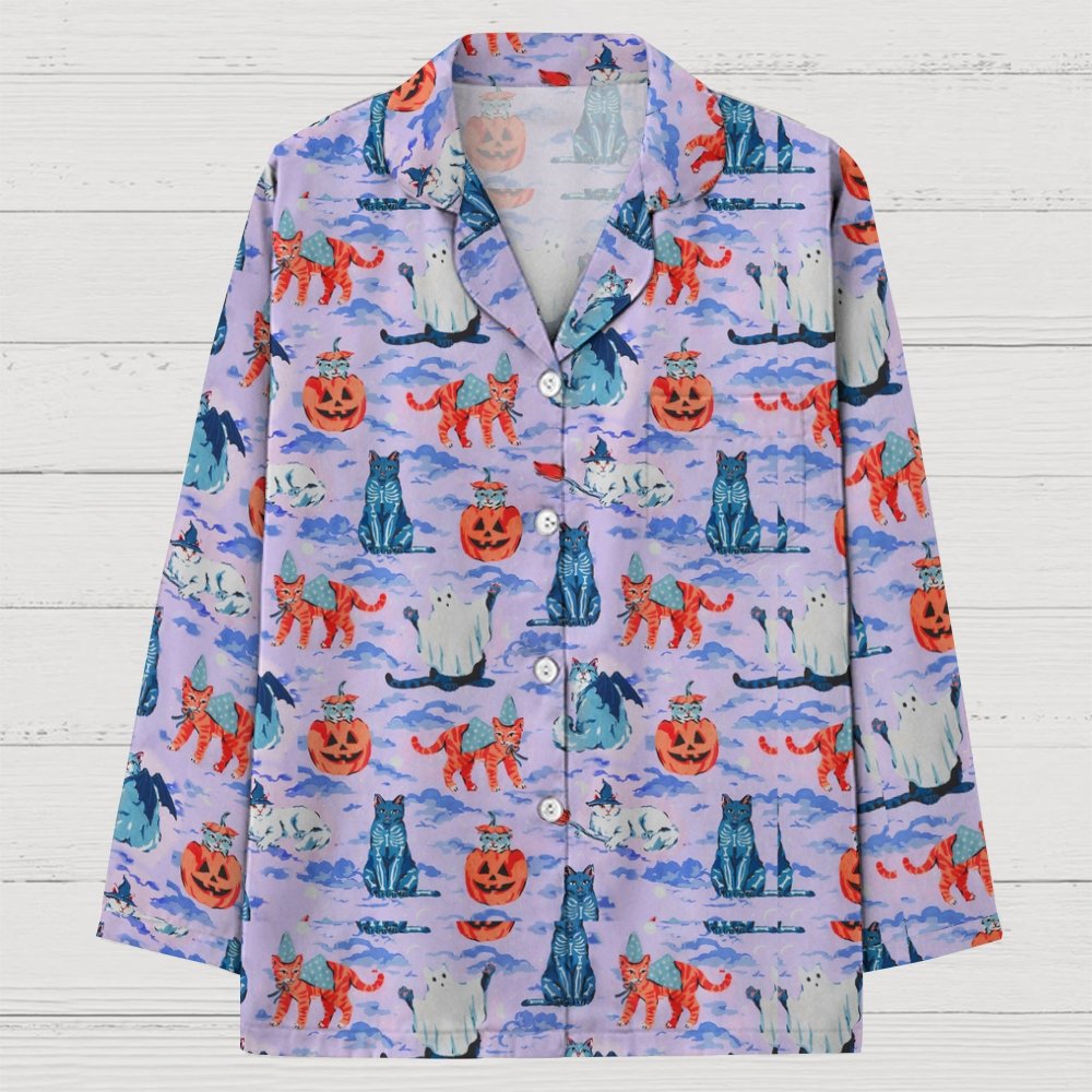 Halloween Cat Art Print Geek Long Sleeve Pajama Set