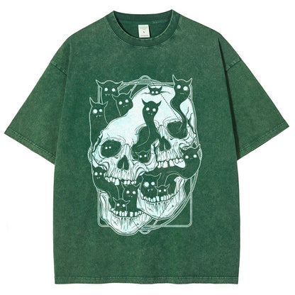 Cat Ghost Double Skull Vintage Distressed T-shirt