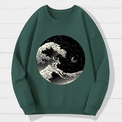 Astronaut Surfing Kanagawa Wave Geek Cotton Sweatshirt