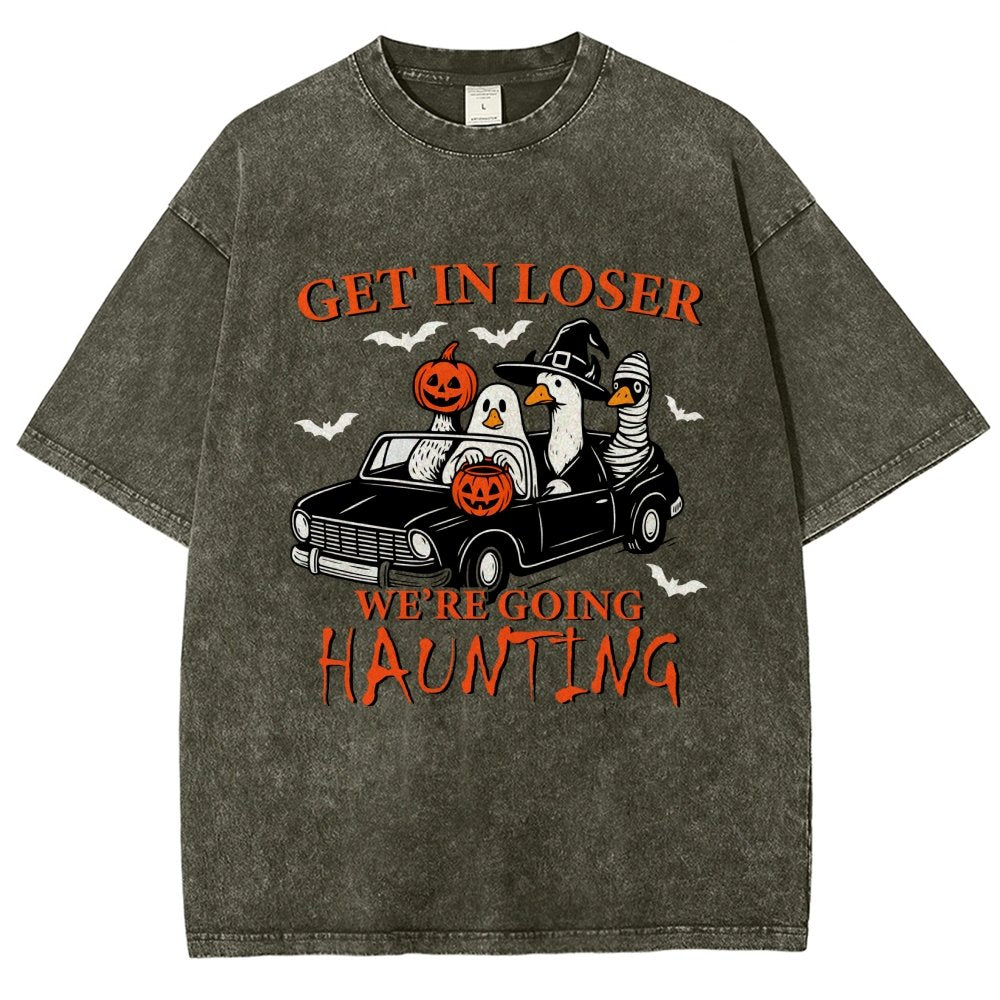 Get in Loser We’re Going Haunting Halloween Ghost Goose Vintage Distressed T-shirt