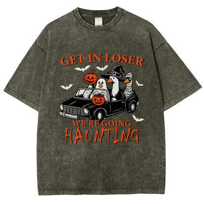 Get in Loser We’re Going Haunting Halloween Ghost Goose Vintage Distressed T-shirt
