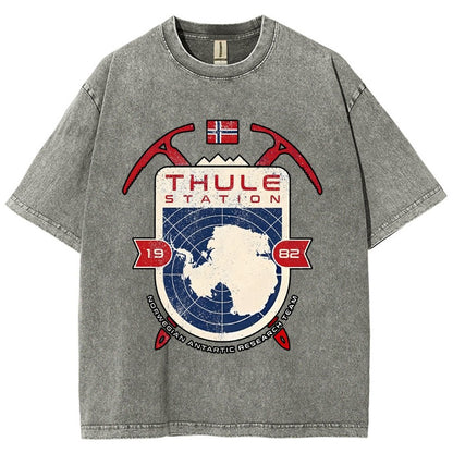 Vintage Distressed T-shirt with a Mysterious Station