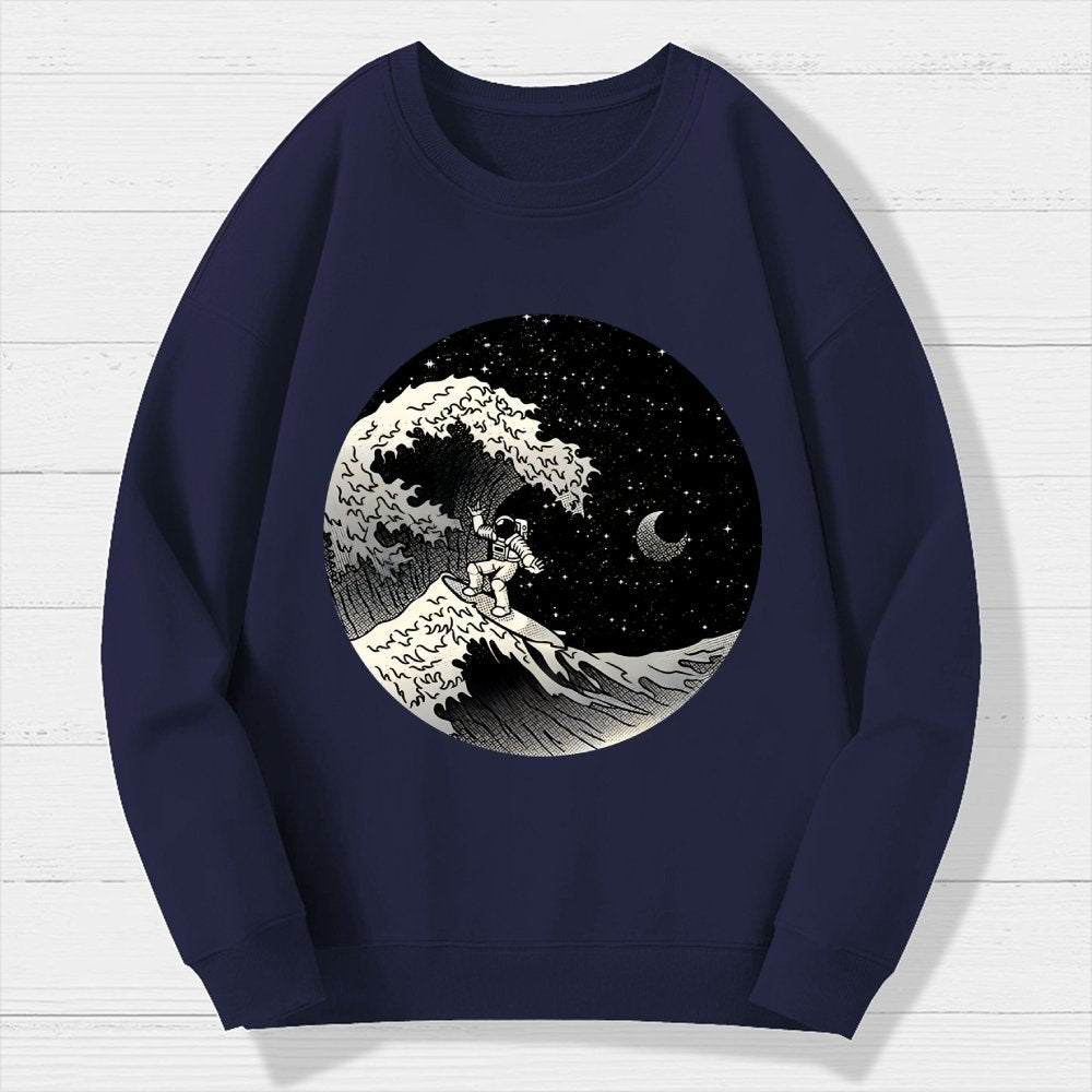 Astronaut Surfing Kanagawa Wave Geek Cotton Sweatshirt