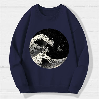 Astronaut Surfing Kanagawa Wave Geek Cotton Sweatshirt