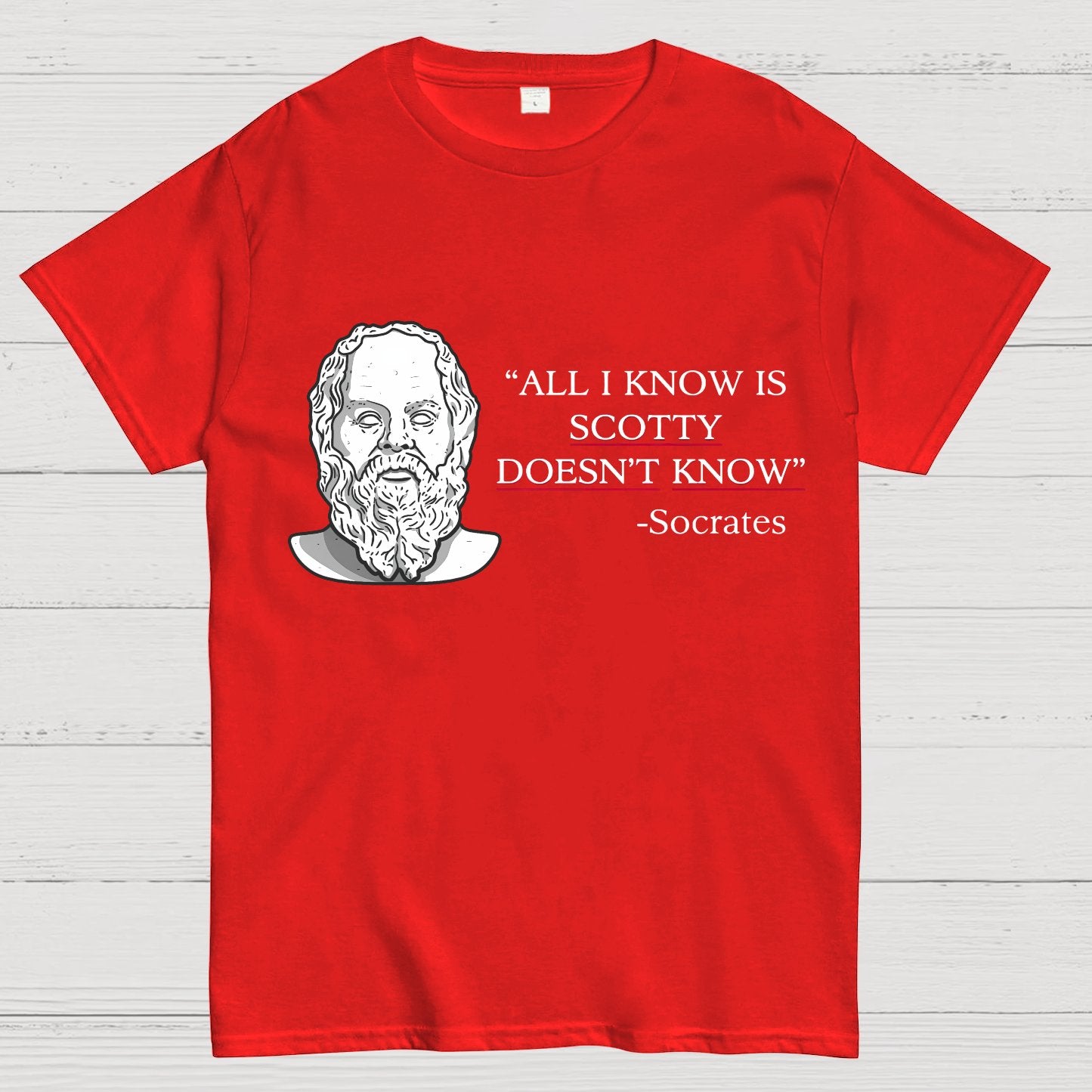 ALL I KNOW IS SCOTTY DOESNT KNOW Small Quantity Socrates Nerdy T-Shirt
