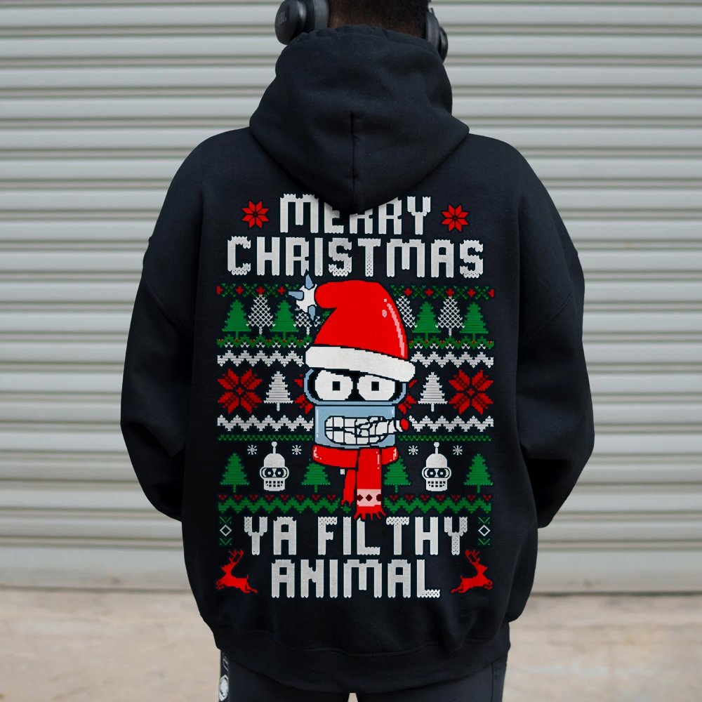 Merry Christmas Ya Filthy Animal Printed Back Cotton Hoodie