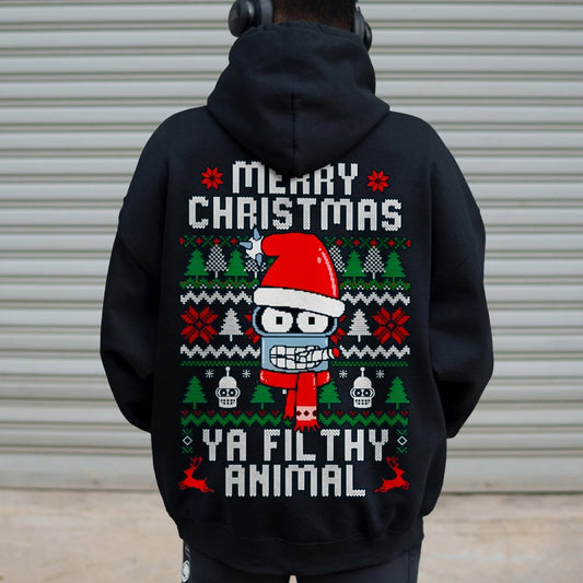 Merry Christmas Ya Filthy Animal Printed Back Cotton Hoodie