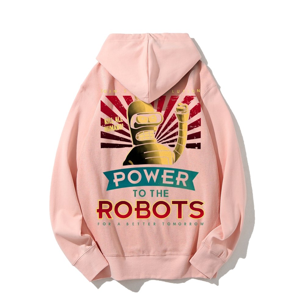 Power To The Robots Printed Back Cotton Hoodie