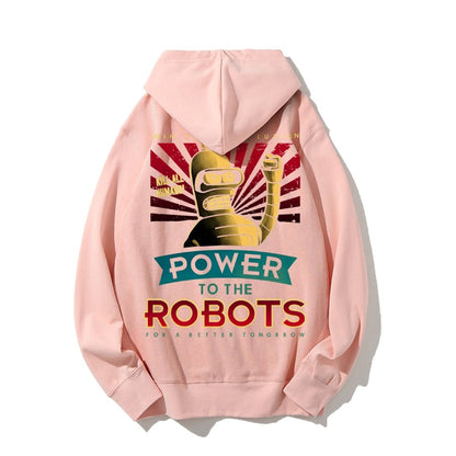 Power To The Robots Printed Back Cotton Hoodie