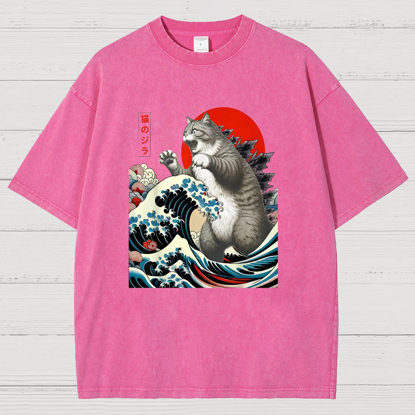 Catzilla Cat Japanese Art Vintage Distressed T-shirt