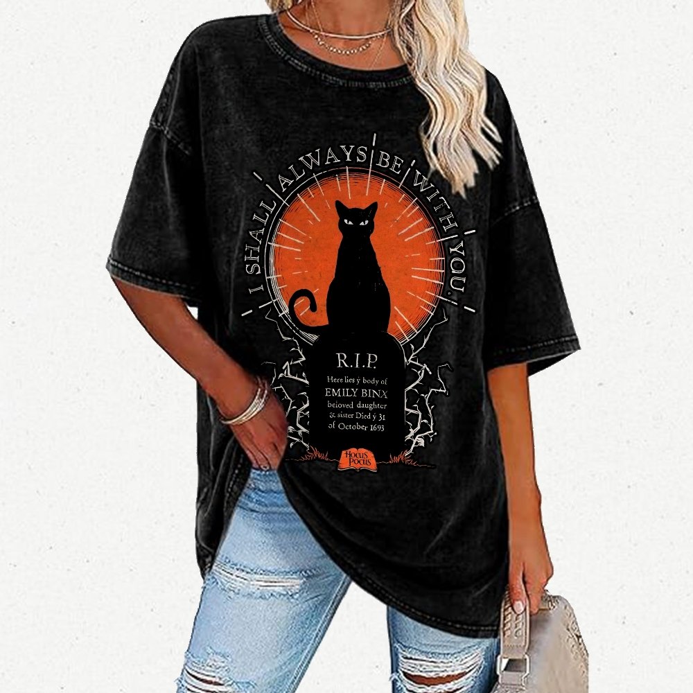 Halloween Cat Print Vintage Distressed T-shirt