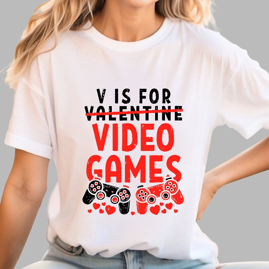 V Is For Video Games Funny Valentines Day Gamer Boy Men Gift Geek T-Shirt