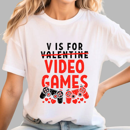 V Is For Video Games Funny Valentines Day Gamer Boy Men Gift Geek T-Shirt