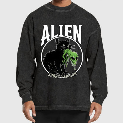Black Cat Eating Alien Washed Long Sleeve Tee