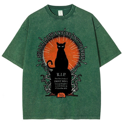 Halloween Cat Print Vintage Distressed T-shirt
