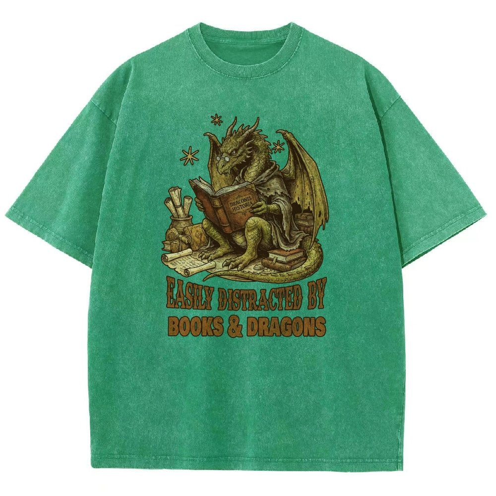 Easily Distracted by Books and Dragons Vintage Distressed T-shirt