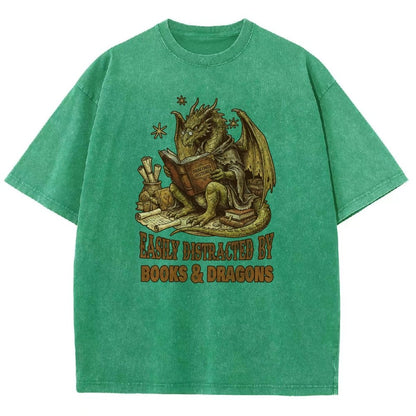 Easily Distracted by Books and Dragons Vintage Distressed T-shirt