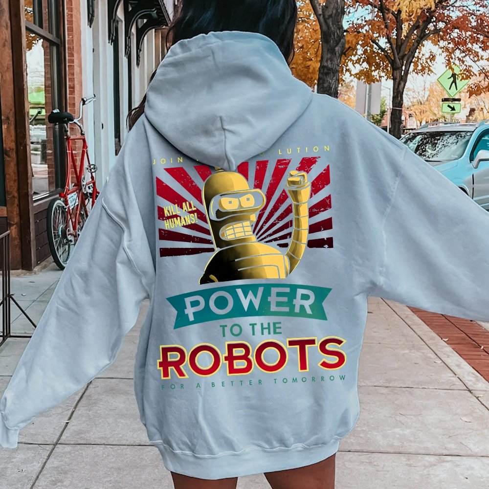 Power To The Robots Printed Back Cotton Hoodie