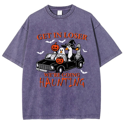 Get in Loser We’re Going Haunting Halloween Ghost Goose Vintage Distressed T-shirt