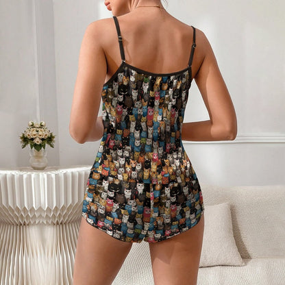 Cat Art Illustration Women's Geek Suspender Cami Set