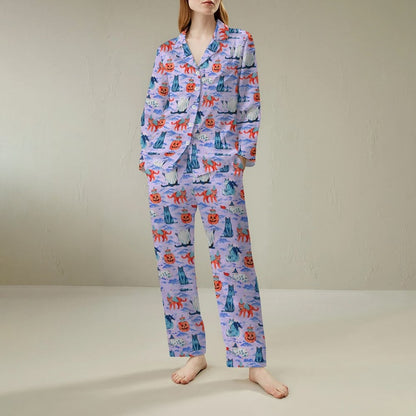 Halloween Cat Art Print Geek Long Sleeve Pajama Set