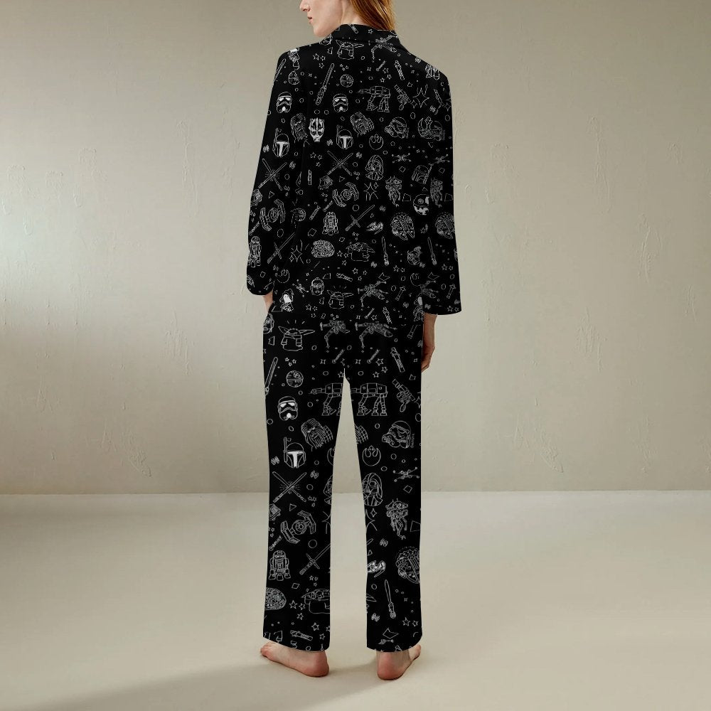 Simple Strokes Of Planet Spaceship Geek Long Sleeve Pajama Set