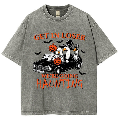 Get in Loser We’re Going Haunting Halloween Ghost Goose Vintage Distressed T-shirt