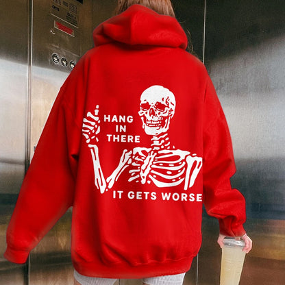 Hang In There Skeleton Printed Back Unisex Cotton Hoodie