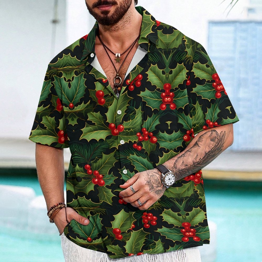 Christmas Red Fruit Leaves Print Geeky Shirt