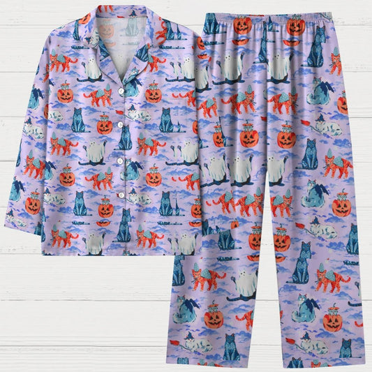 Halloween Cat Art Print Geek Long Sleeve Pajama Set