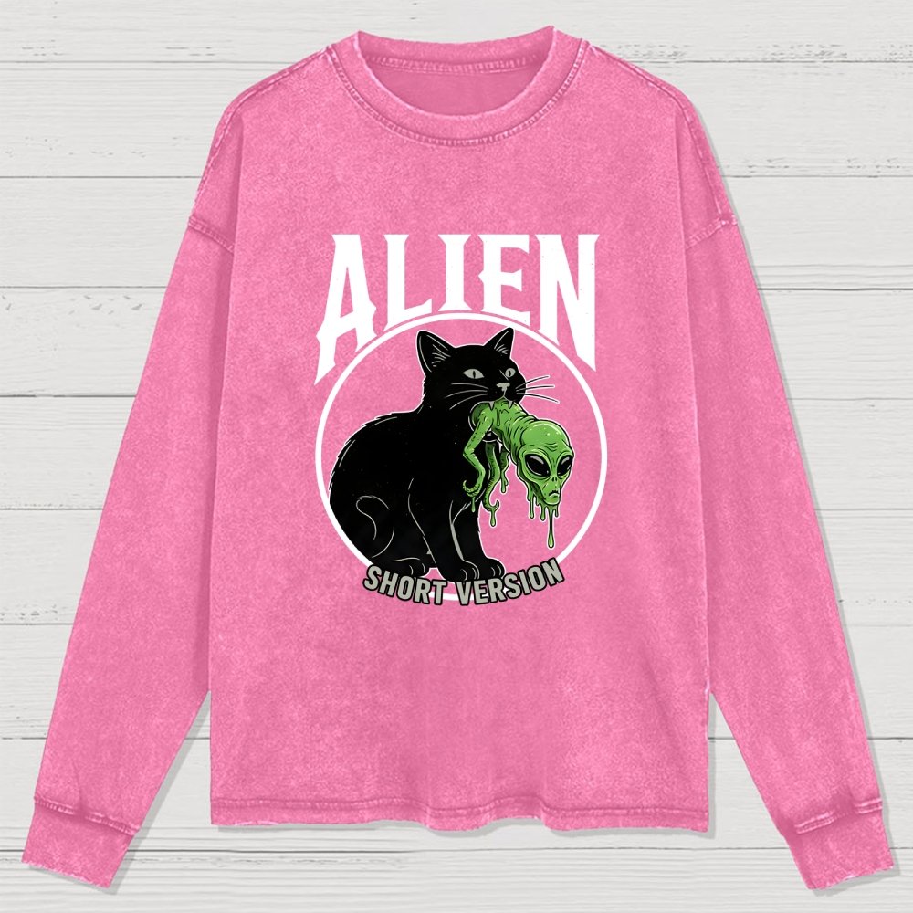 Black Cat Eating Alien Washed Long Sleeve Tee