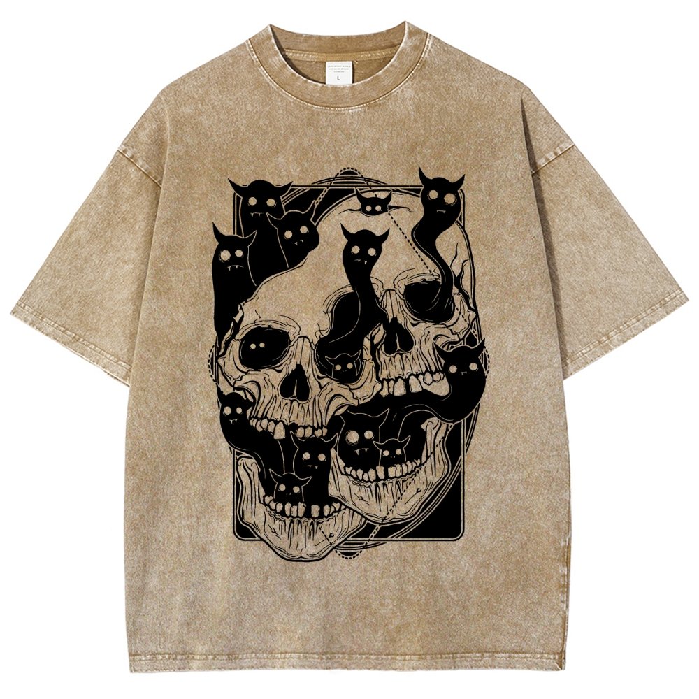 Cat Ghost Double Skull Vintage Distressed T-shirt