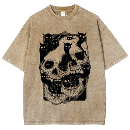 Cat Ghost Double Skull Vintage Distressed T-shirt