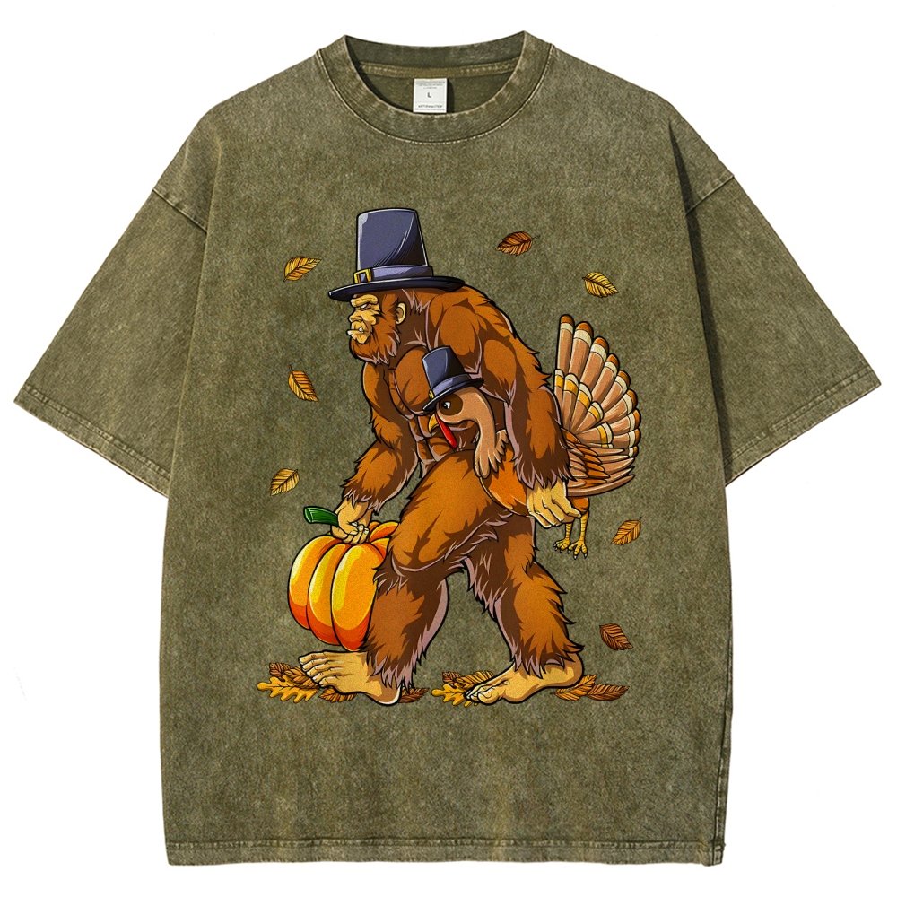 Turkey Pumpkin Thanksgiving Sasquatch Vintage Distressed T-shirt