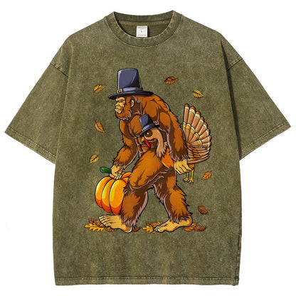Turkey Pumpkin Thanksgiving Sasquatch Vintage Distressed T-shirt