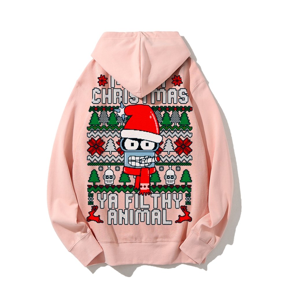Merry Christmas Ya Filthy Animal Printed Back Cotton Hoodie