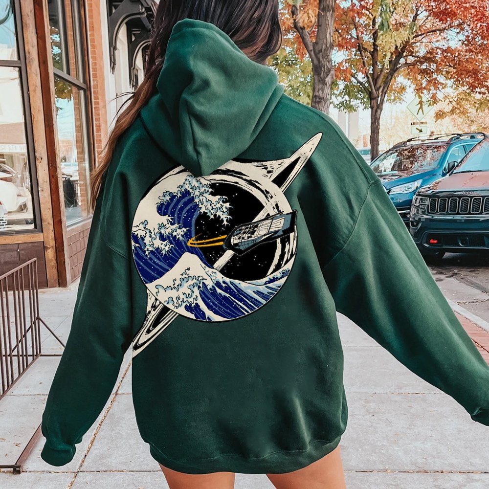 Interstellar Kanagawa Wave Printed Back Cotton Hoodie