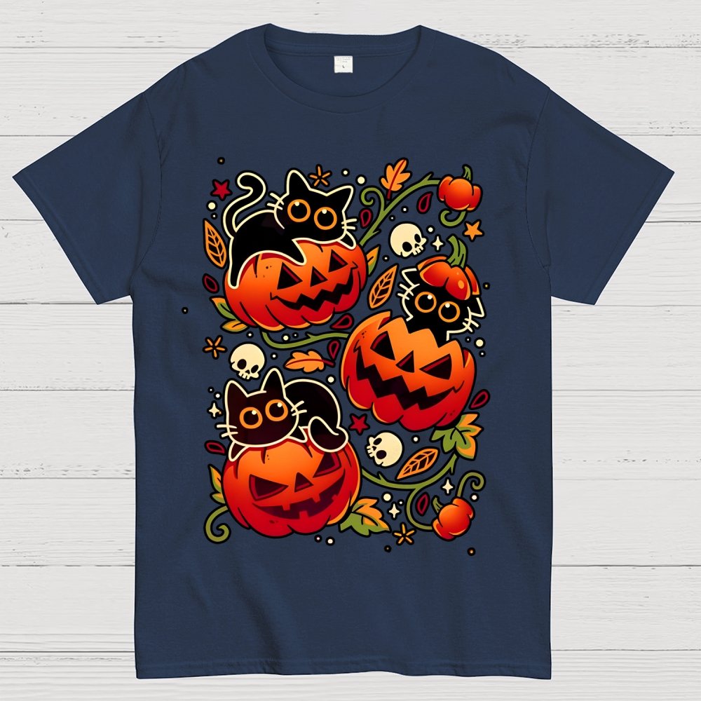 Black Cat Pumpkin Party Geek Cotton T-Shirt