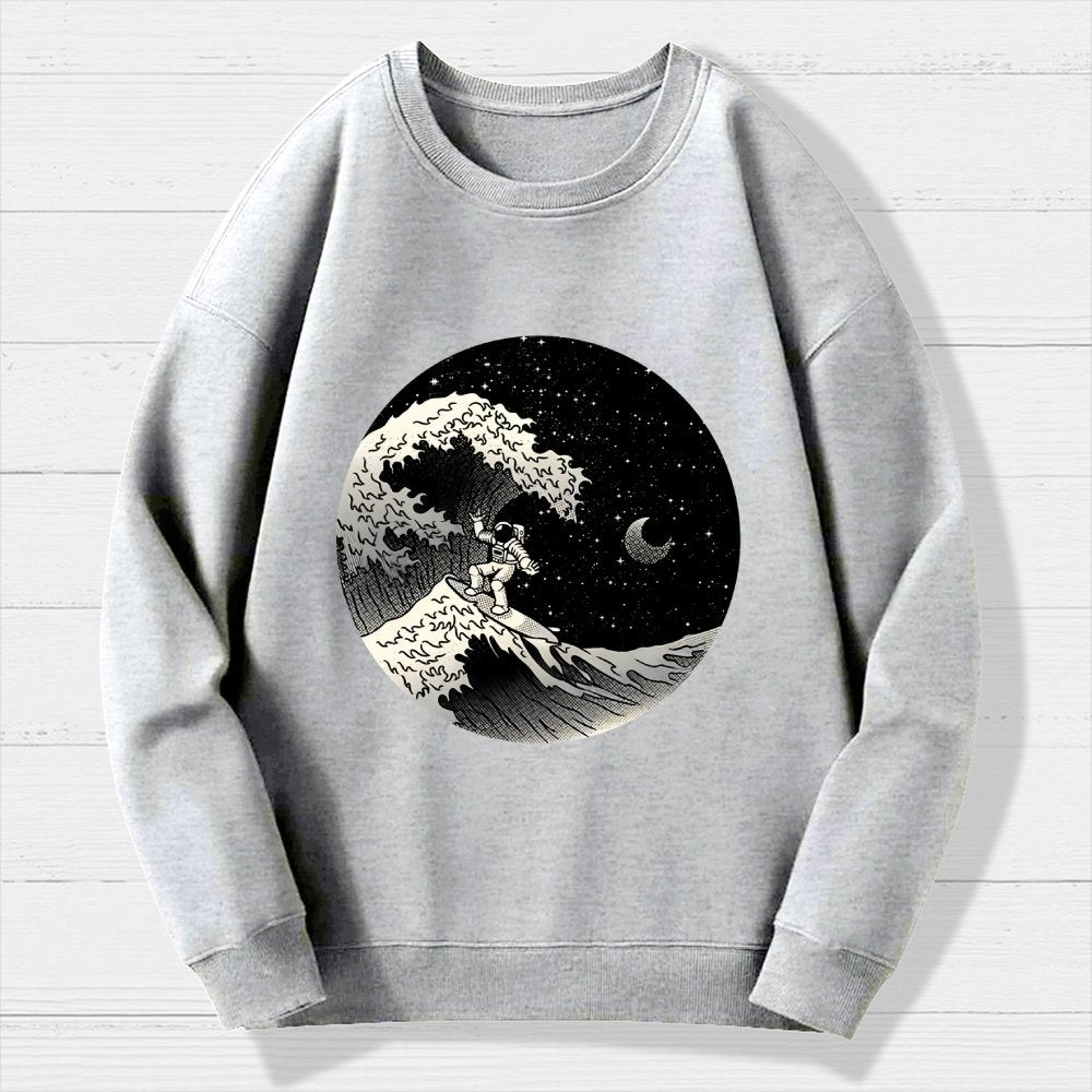 Astronaut Surfing Kanagawa Wave Geek Cotton Sweatshirt