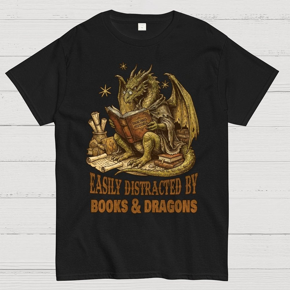 Easily Distracted By Books And Dragons Geek T-Shirt