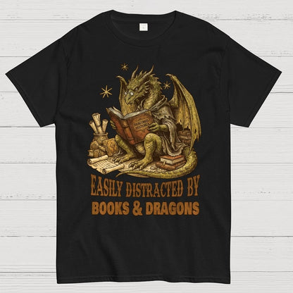 Easily Distracted By Books And Dragons Geek T-Shirt