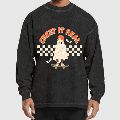Creep it Real Vintage Ghost Halloween Washed Long Sleeve Tee