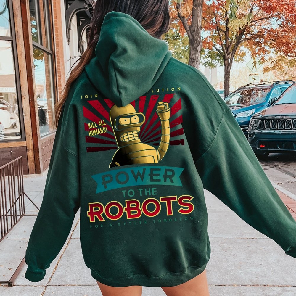 Power To The Robots Printed Back Cotton Hoodie