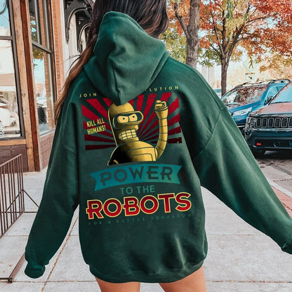 Power To The Robots Printed Back Cotton Hoodie