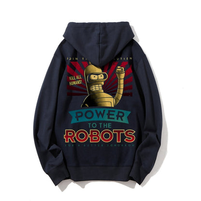 Power To The Robots Printed Back Cotton Hoodie