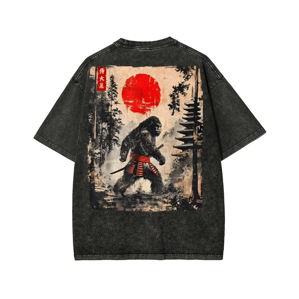 Funny Samurai Ukiyo-e Vintage Graphic Washed T-shirt