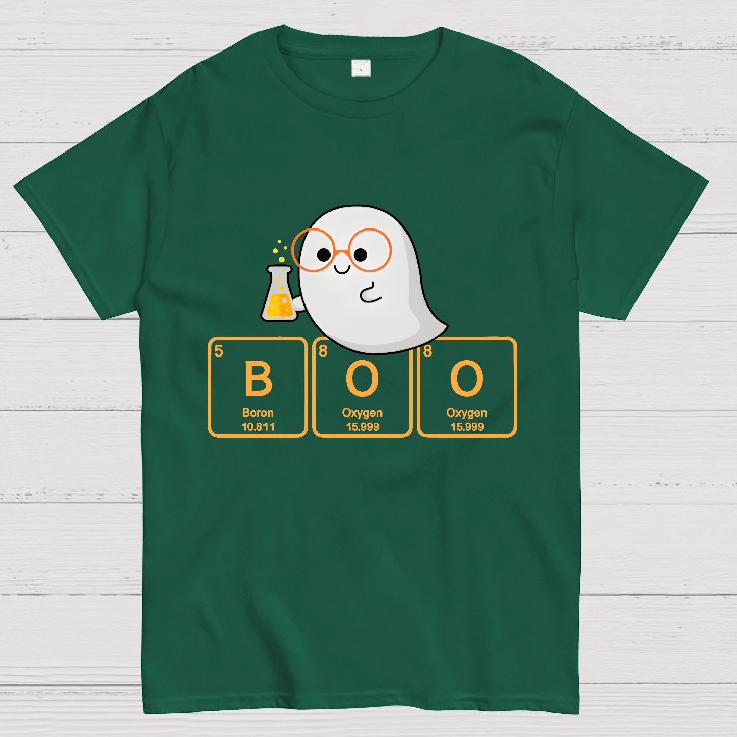 Ghost Scientist With Periodic Table of Elements that Spell BOO, Halloween Geek T-Shirt