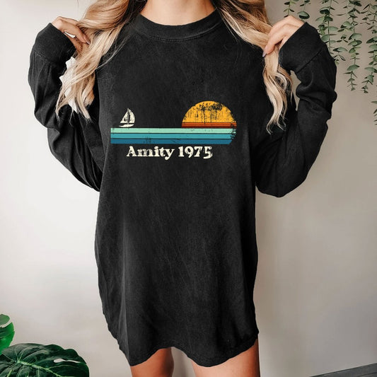 Amity 1975 Sunset Retro Sailboat Sunrise Summer Washed Long Sleeve Tee